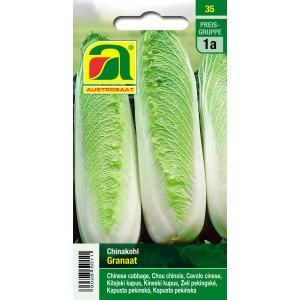 Austrosaat Chinakohl Granaat Saatgutpackung mit schlanken, hellgrünen Chinakohlköpfen.