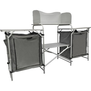 Zusammenklappbarer Camping-Schrank Cumanda in Grau mit Ablageflächen und Staufächern.