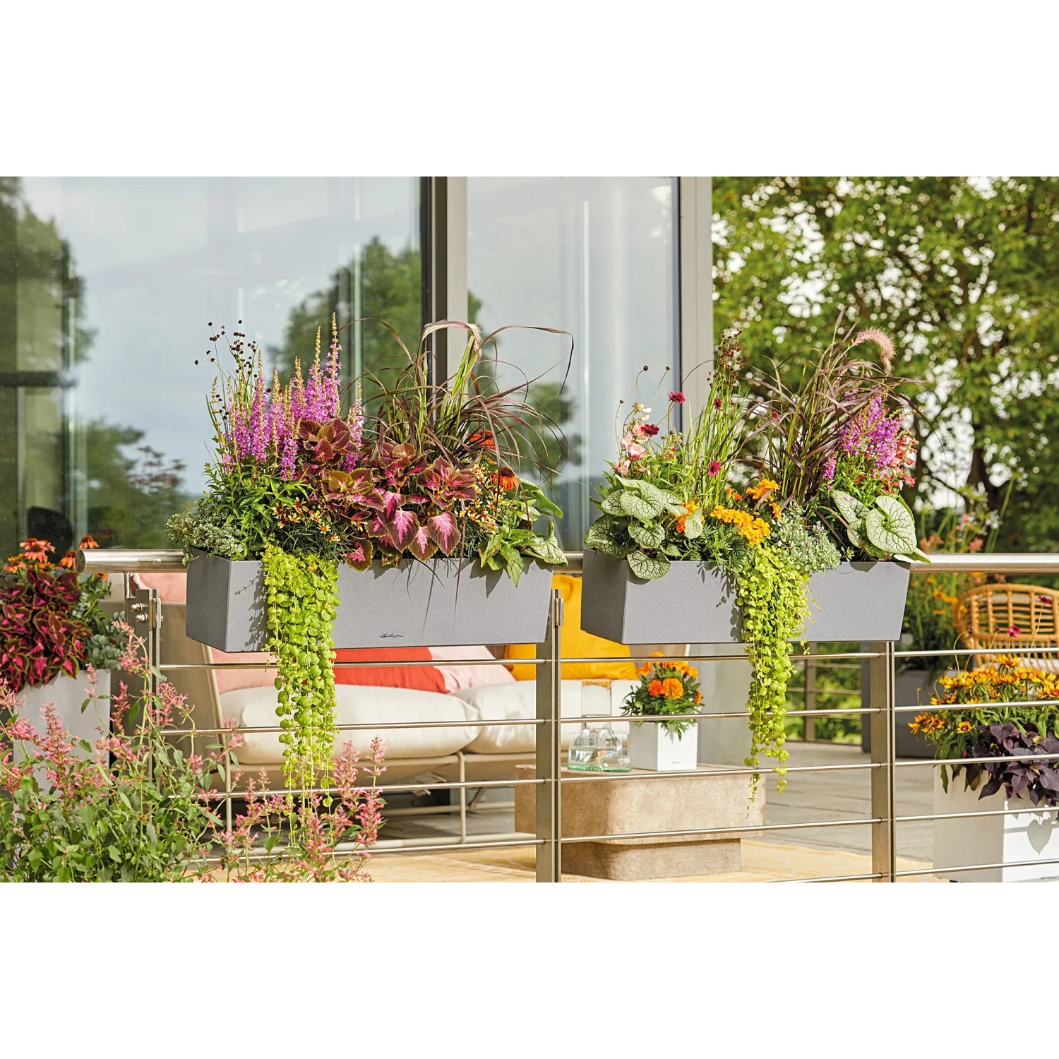 Lechuza Balconera Stone 80, steingrauer Blumenkasten mit üppiger Bepflanzung auf einem Balkon.