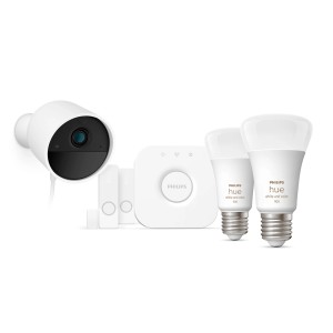 Philips Hue Secure Kamera Set Weiß mit Bridge, 2 Lampen und 2 Sensoren für smarte Videoüberwachung.