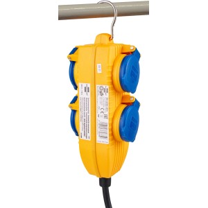 Brennenstuhl Baustellenkabel mit Powerblock, gelb, mit 4 blauen Steckdosen und Haken.