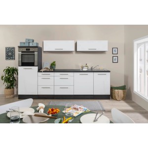 Respekta Premium Inselküche, 280 cm, Weiß Hochglanz mit Eiche Grau Korpus. Inkl. E-Geräte.