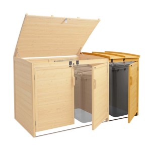 MCW Mülltonnenbox Erweiterung H75 braun, Holz, 120x68x104cm, für eine oder zwei Tonnen, mit geöffnetem Deckel und Tür.