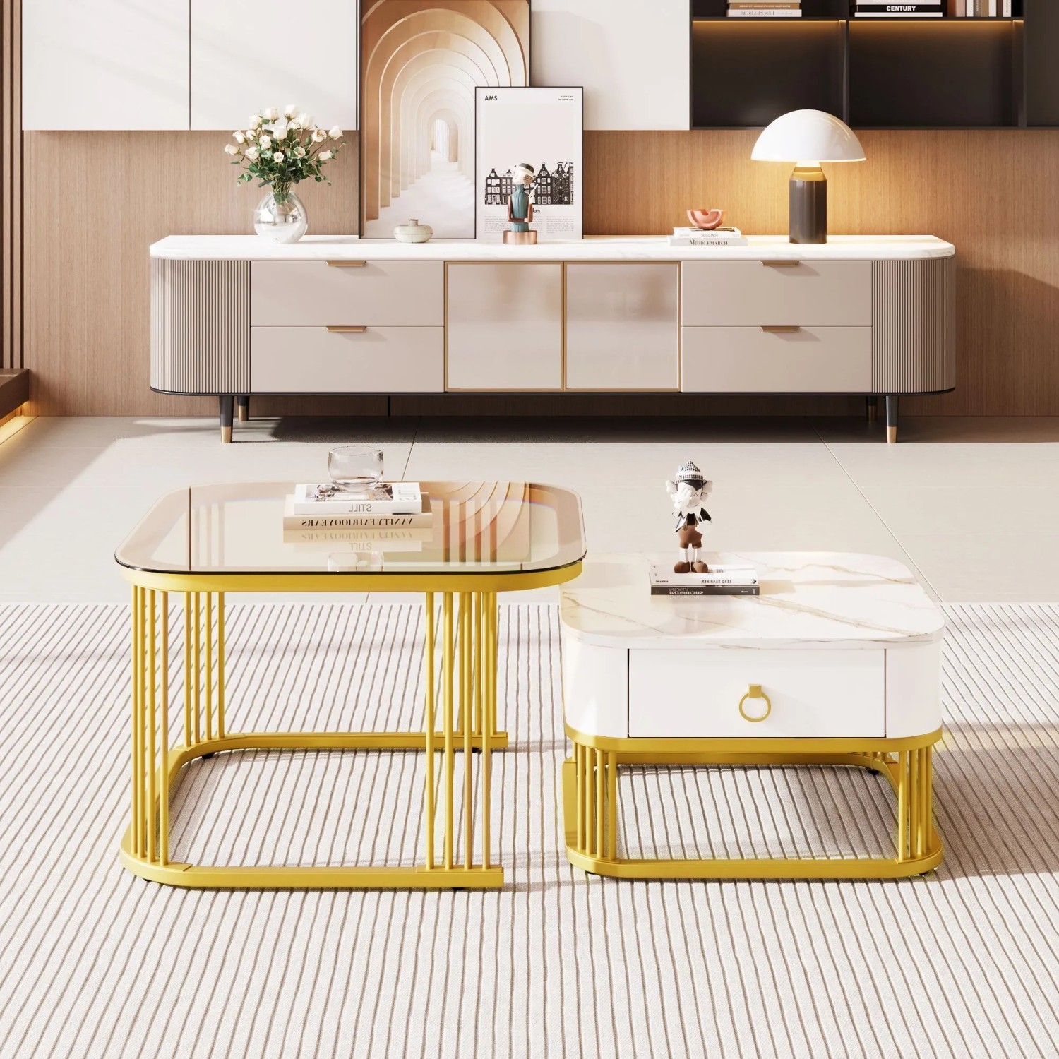 okwish Stapelbarer Couchtisch Beistelltisch mit Schubladen/Glasplatte Gold kaufen bei OBI