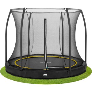Schwarzes Salta Comfort Edition Bodentrampolin ø 305 cm mit Sicherheitsnetz im Garten.