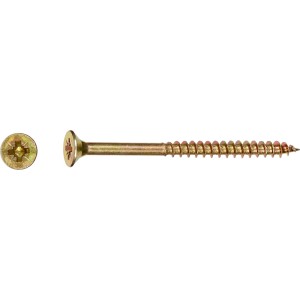 Gelb verzinkte Universalschraube Ø 5,0x80mm mit Flachsenkkopf PZ2 und Teilgewinde für Holzmontage.