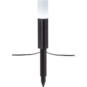 Schwarzer LED Solarspieß mit Bodenstecker für Garten und Terrasse.