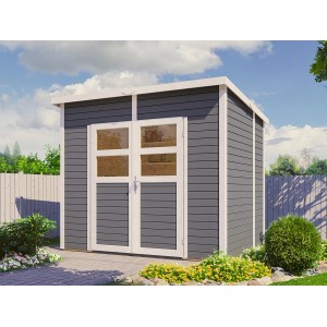 Graues Holz-Gartenhaus Bertilo Felix mit Doppeltür und Lichtausschnitten.