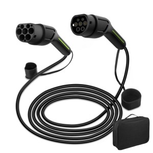 Schwarzes Junsun EV Ladekabel Typ 2, 5m lang, 22 kW, mit zwei Steckern und Tragetasche.