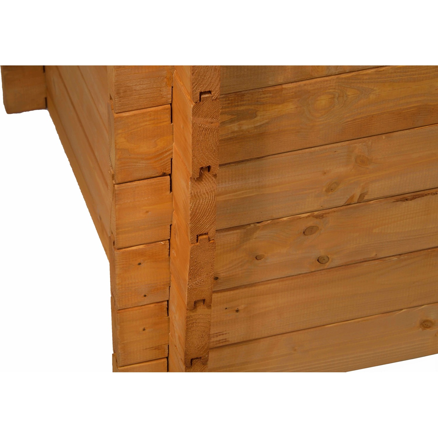 Detailansicht des Gaspo Hochbeet Classic 130x80 Honig, Fokus auf die Holzstruktur und Stecksystem.