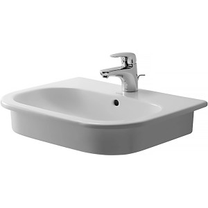 Weißes Duravit D-Code Einbauwaschbecken, 54,5 cm, mit Armatur, Hahnloch und Überlauf.