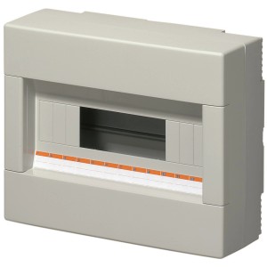 Grauer Aufputz-Verteiler, 1-reihig, ohne Tür, IP40, aus Kunststoff.