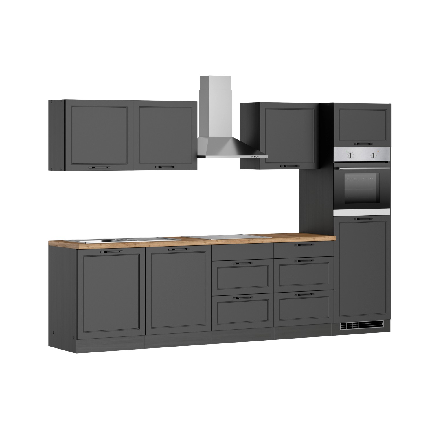 Moderne graue Held Küchenzeile Kempten 300 cm mit E-Geräten und Dunstabzugshaube.