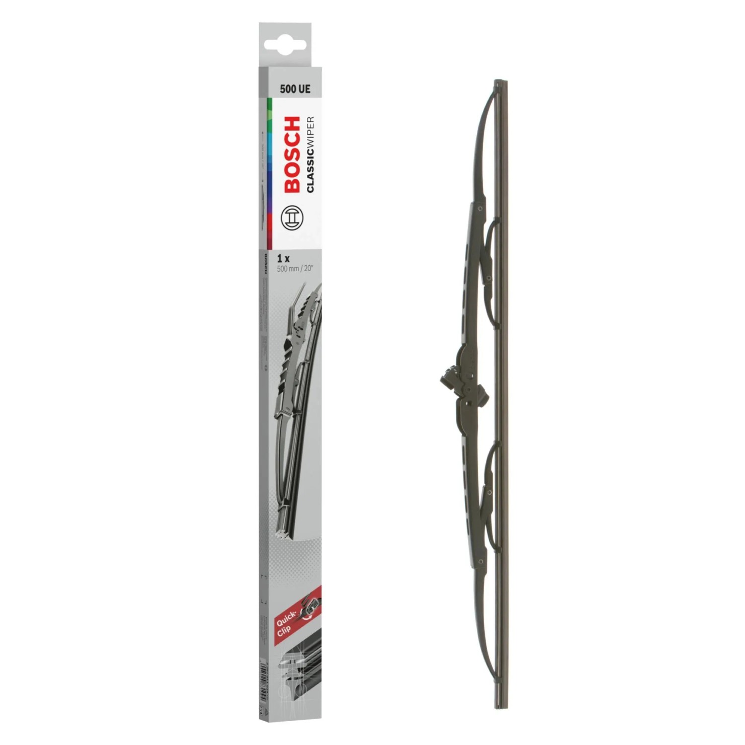 BOSCH ClassicWiper 500UE Scheibenwischerblatt mit Verpackung. Dunkles Wischerblatt für einfache Autoreparatur.