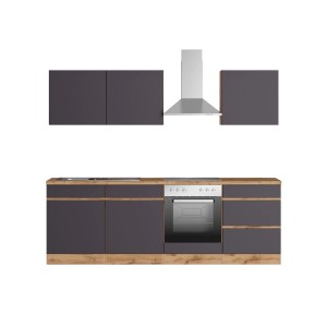 Moderne Küchenzeile Turin 240 cm in Graphit- und Wotaneiche-Optik mit E-Geräten.