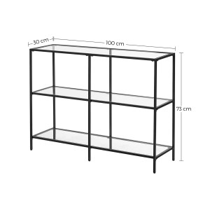 Vasagle Konsolentisch, schwarz-transparent, mit drei Glasablagen und Stahlrahmen.