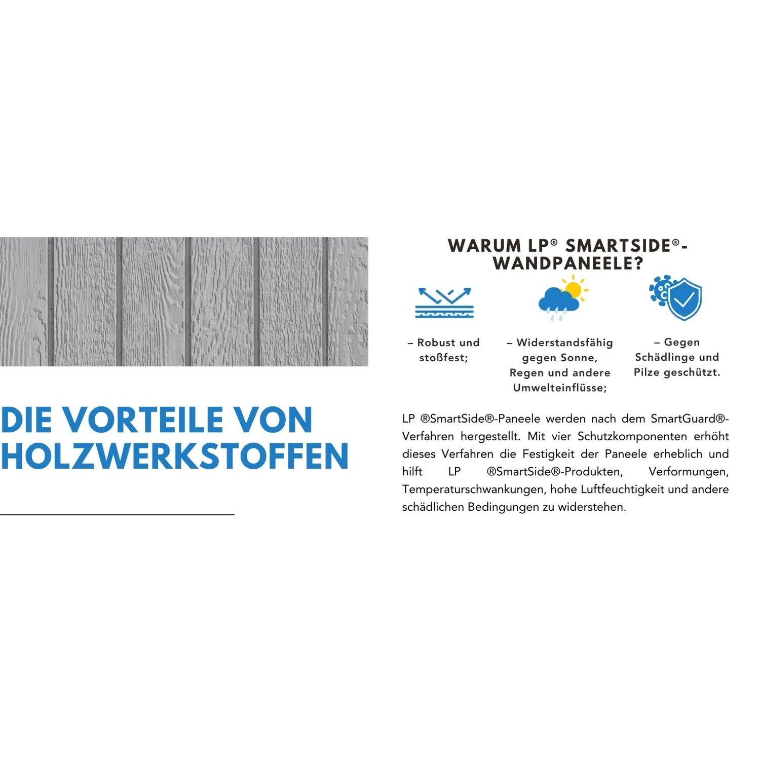 Vorteile der Timbela Garage Premium: Robuste, wetterfeste Holzwerkstoff-Wandpaneele.