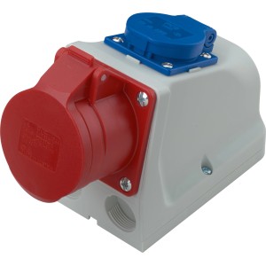 CEE Kombi-Wandsteckdose, 5-polig, IP44, 16A, rot, grau und blau. Für Wandmontage, spritzwassergeschützt.