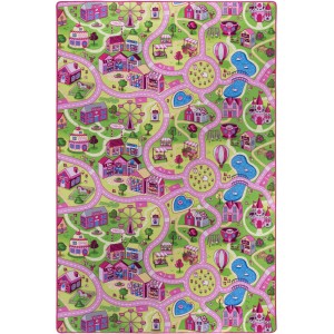 Andiamo Kinderteppich Mono Pueblo 200x300 cm mit pinkfarbener Stadtlandschaft.