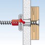 Fischer Duopower 8x65 Dübel mit Schraube im Querschnitt durch Wand und Holz.