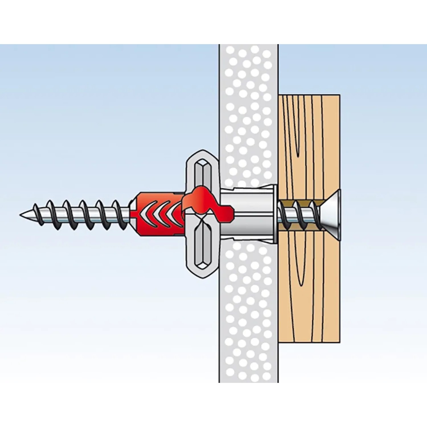 Fischer Duopower 8x65 Dübel mit Schraube im Querschnitt durch Wand und Holz.