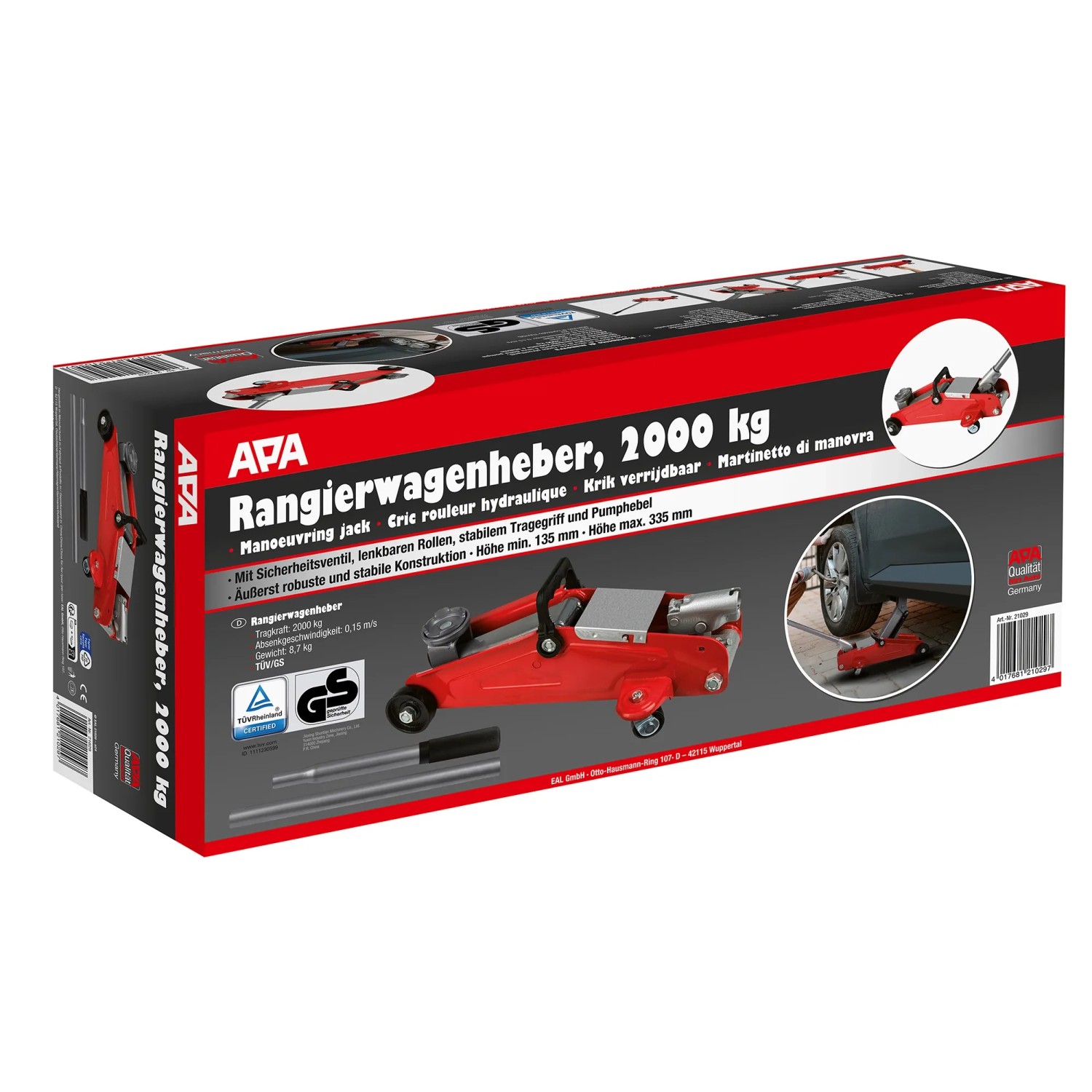 Apa Rangierwagenheber 2.000 kg im Karton, rot, mit Rollen und Tragegriff.