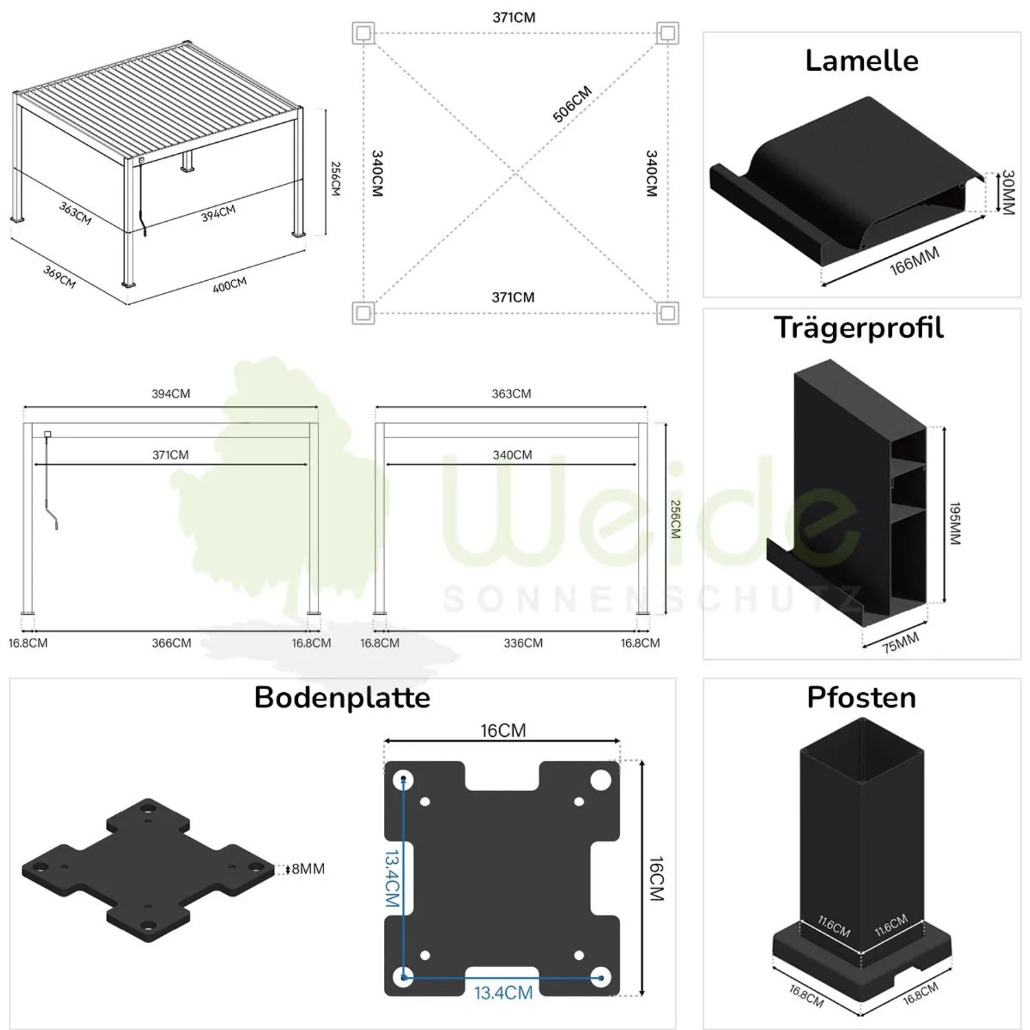 Technische Zeichnung der Weide Deluxe Pergola. Maße, Lamellen, Pfosten, Trägerprofil und Bodenplatte der Aluminium-Konstruktion.