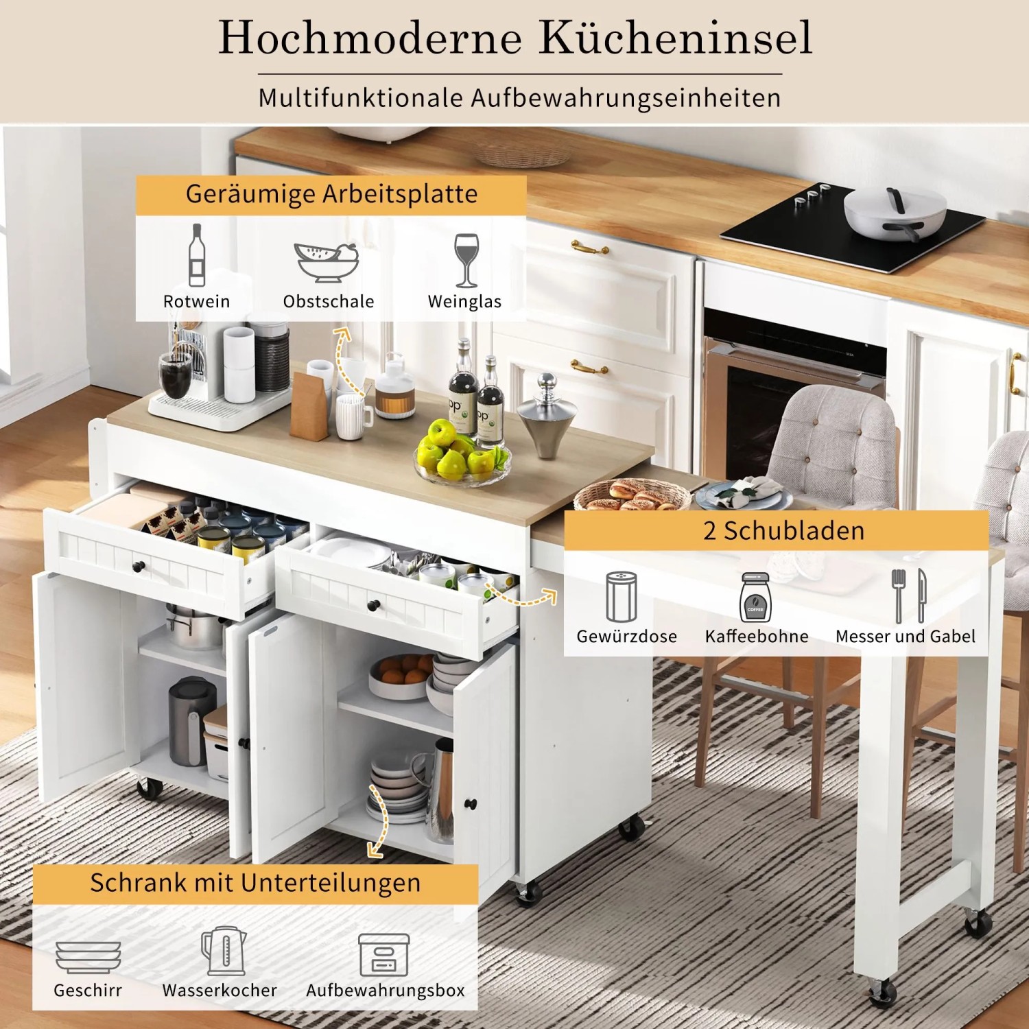 okwish Kücheninsel mit Ausziehfunktion Rollen Schubladen 112-180.5x45x92.2cm Weiß Natur_6