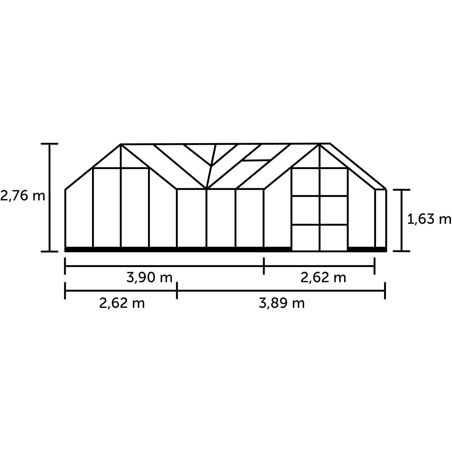 Skizze Halls Gewächshaus Garden Room Grün 12,9 m² mit Maßangaben.