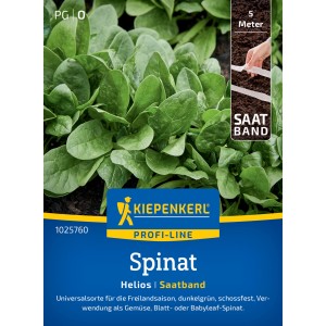 Kiepenkerl Spinat Helios F1 Saatband: Dunkelgrüne Spinatpflanze und Saatband auf der Verpackung.