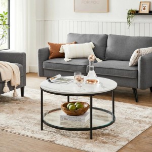 Songmics Couchtisch Baris, weiß-schwarz, mit Marmoroptik und Glasablage.
