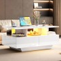 okwish Couchtisch mit LED 2 Schubladen Stauraum 90x55x41cm Hochglanz Weiß_2