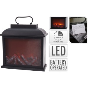Schwarze Kamin-Laterne (30 cm) mit LED-Feuereffekt für gemütliche Atmosphäre.