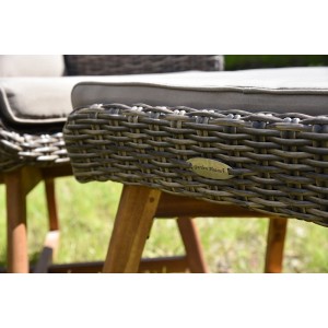 Detailaufnahme Lounger-Set Calvia Coffee: Kunststoffgeflecht, Akazienholz, graue Auflage.