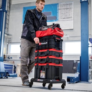 Einhell Rollbrett mit E-Case Systemkoffer und Werkzeugtasche für einfachen Transport.