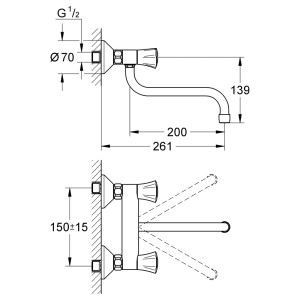 Technische Zeichnung: Grohe Costa L Küchenarmatur für Wandmontage mit Maßen.