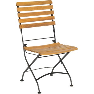 Klappbarer Gartenstuhl Lindau aus Teakholz und schwarzem Metall, Teil eines 3-tlg. Gartenmöbel-Sets.