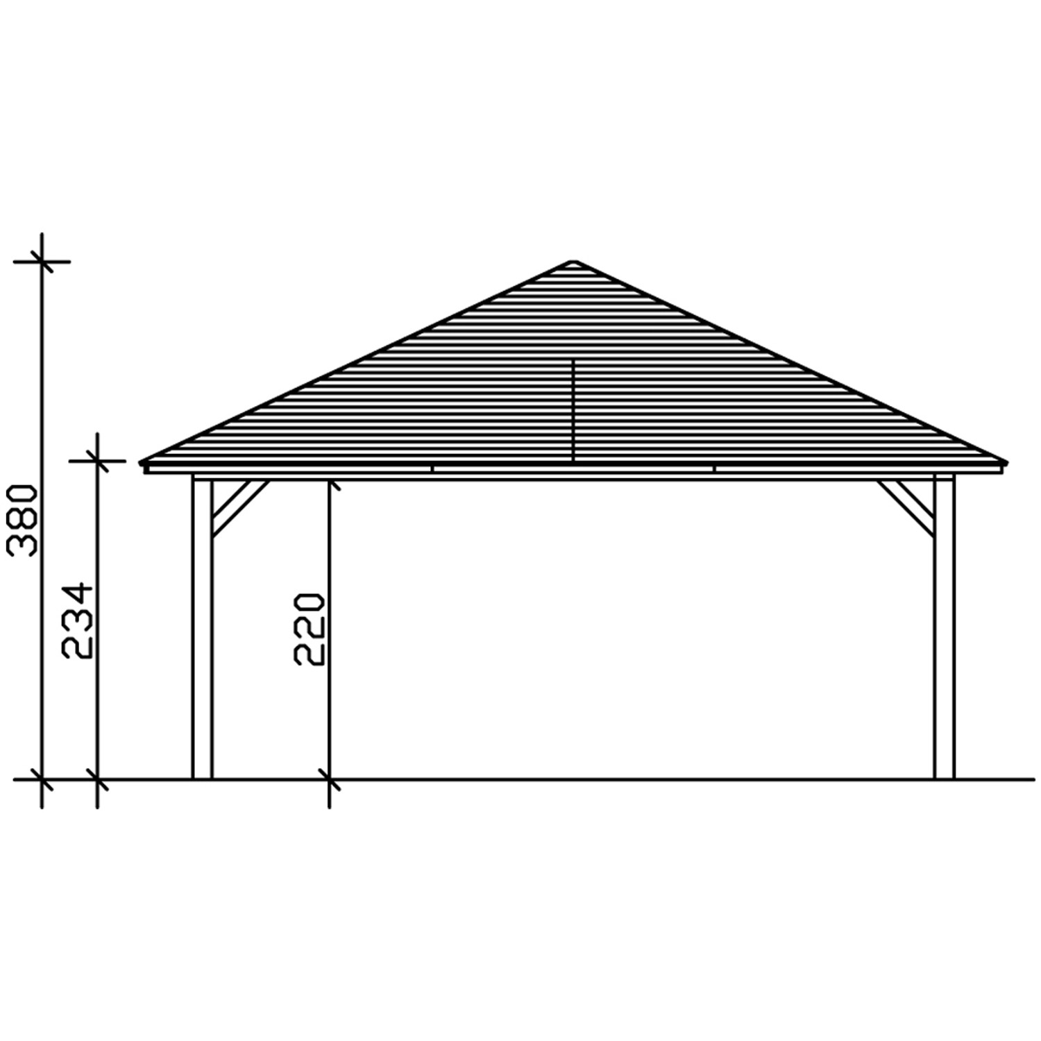 Technische Zeichnung: Skan Holz Carport Taunus, Maße 1176x634 cm, Zeltdach, schiefergrau.