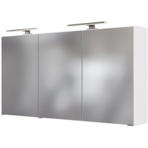 Held Möbel 3D-Spiegelschrank Monza, 120 cm, Weiß mit drei Spiegeltüren und zwei Lampen.