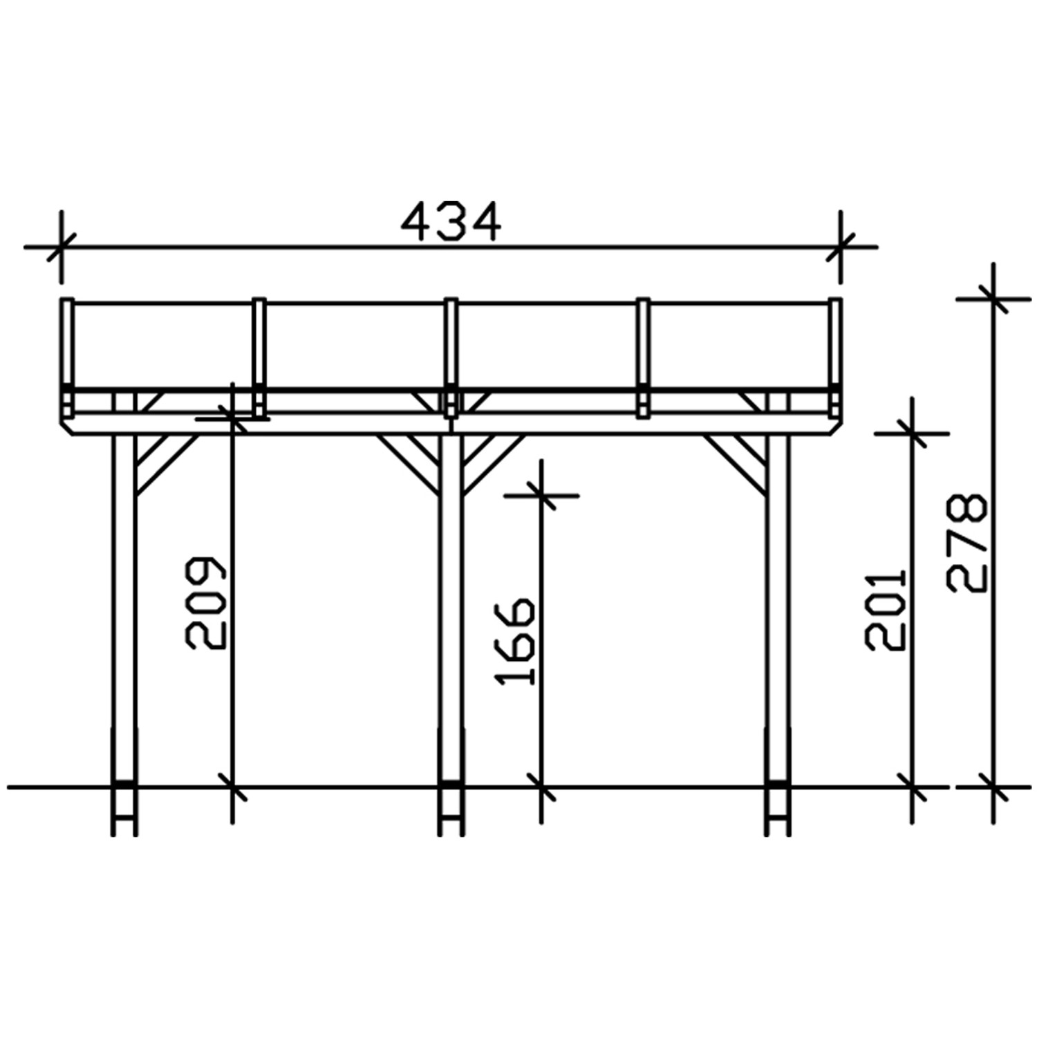 Technische Zeichnung der Skan Holz Terrassenüberdachung Siena, 434x400 cm, Eiche hell.