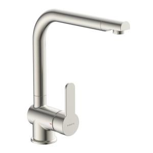 RIOS Spültisch-Armatur Edelstahl, Einhebelmischer mit Cold-Start-Funktion und schwenkbarem Auslauf.