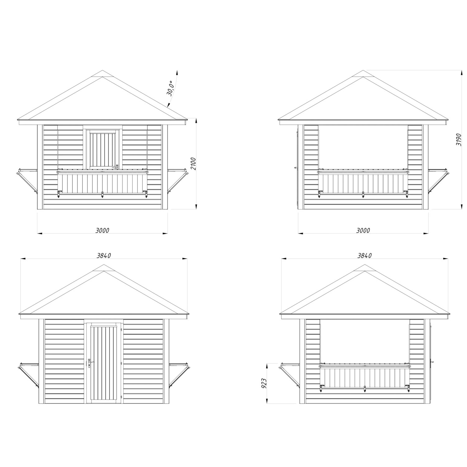 Technische Zeichnung Palmako Marktstand Bianca Set 106, 300x300 cm, tauchgrundiert.