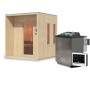 Karibu Saunahaus Almeria mit Ofen (9 kW Bio Extern), naturbelassen, mit Terrasse und Ganzglastür.