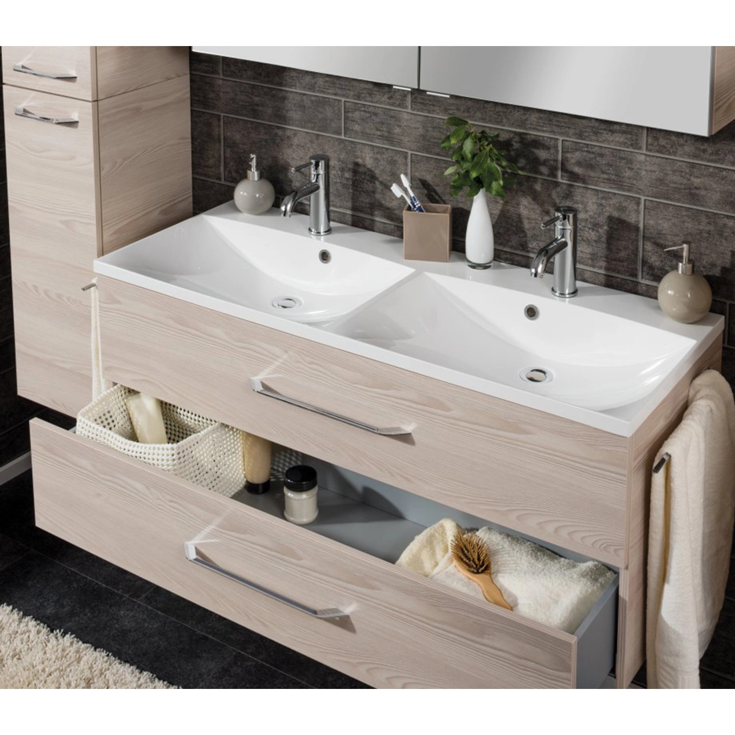 Fackelmann Doppelwaschtisch B.clever 120 cm Esche mit offenem Schubfach.