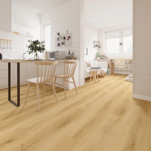 Heller Vinylboden Eiche Bergen mit Korkdämmung in modernem Wohnraum.