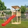 Karibu Spielturm mit Pultdach, Doppelschaukel, Klettergerüst und roter Rutsche im Garten.