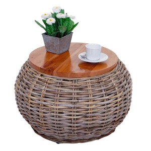 Runder MCW Beistelltisch M30 aus Rattan mit Mahagoni-Tischplatte.