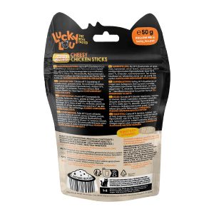 Lucky Lou Katzen-Trockenfutter Sticks Käse & Huhn, 50g Packung. Katzensnack für Spiel & Spaß.