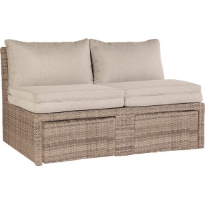 3-teiliges Lounge-Set Zalma aus Polyrattan in Sand mit grauen Kissen und Auflagen.