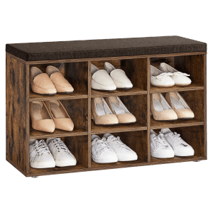 Songmics Schuhregal Custos mit Sitzfläche, braunes Schuhregal mit 9 Fächern und Schuhen.